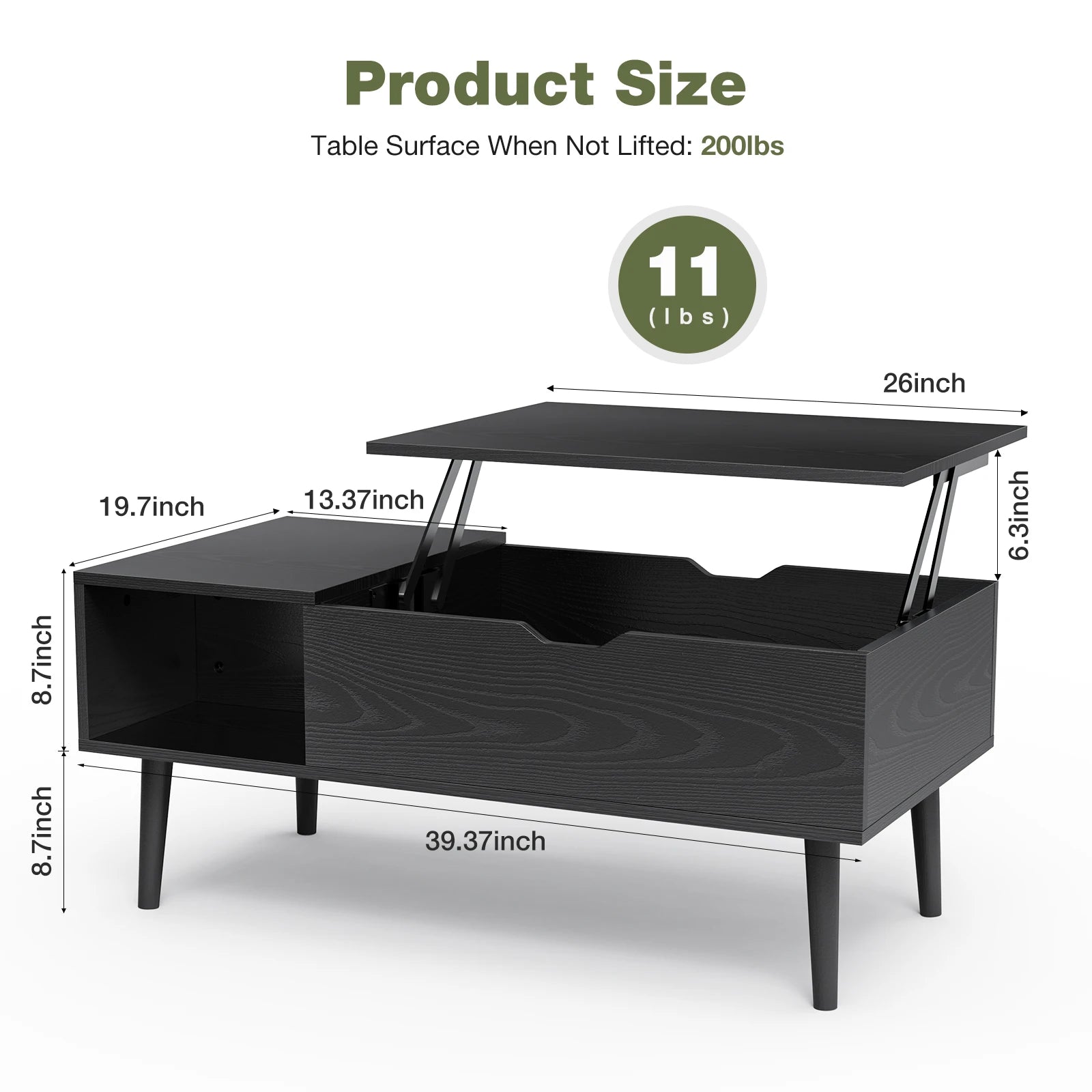 JHK Lift Top Coffee Table 39.37x19.7Wood with Adjustable Storage Shelf