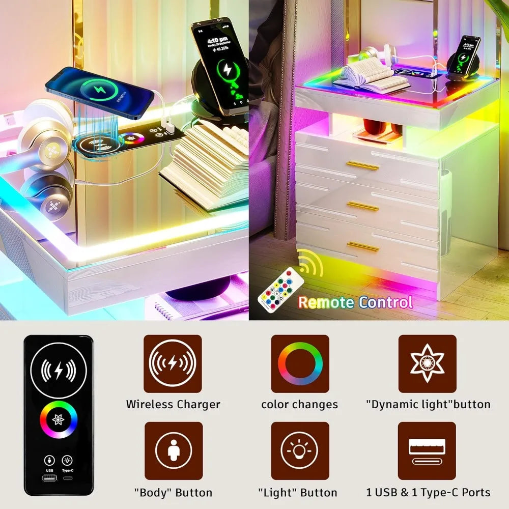 Glass Bedside Table with Touch Screen RGB LED & Charging Station Home.