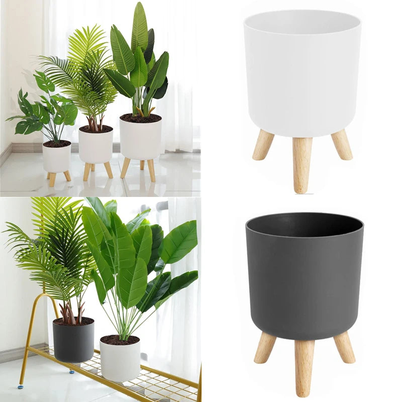 Flower Pot with Wooden Stand for Indoor Decoration and Plant Display