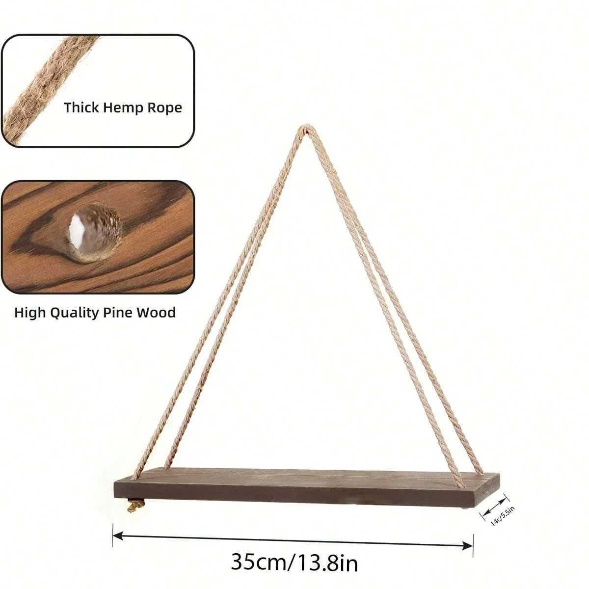 1PC Wooden Swing Hanging Hemp Rope Wall Shelve Mounted Floating Home L1PC Wooden Swing Hanging Hemp Rope Wall Shelve Mounted Floating Home Living Room Plant Flower Pot Tray Storage Garden