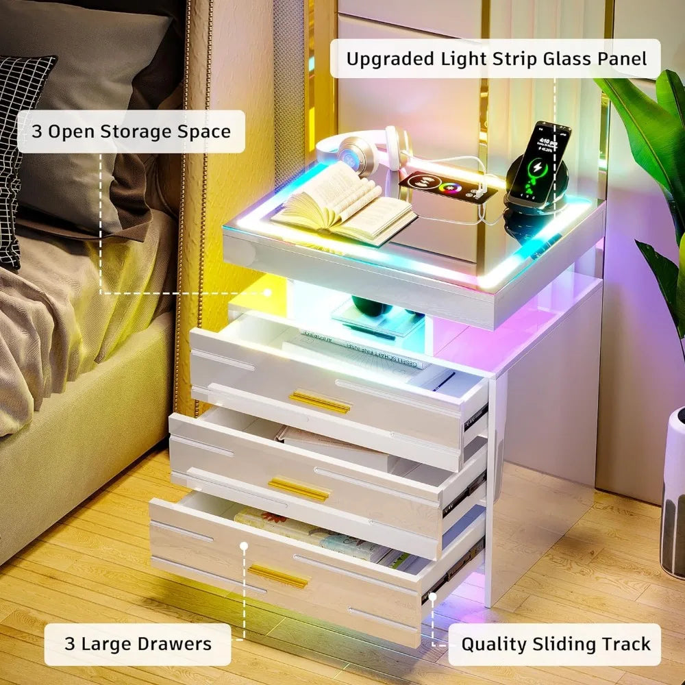 Glass Bedside Table with Touch Screen RGB LED & Charging Station Home.