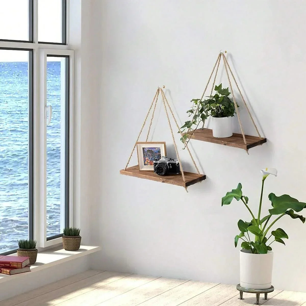 1PC Wooden Swing Hanging Hemp Rope Wall Shelve Mounted Floating Home L1PC Wooden Swing Hanging Hemp Rope Wall Shelve Mounted Floating Home Living Room Plant Flower Pot Tray Storage Garden