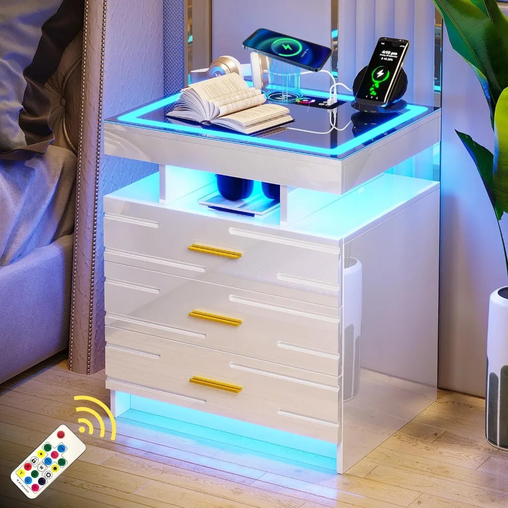 Glass Bedside Table with Touch Screen RGB LED & Charging Station Home.