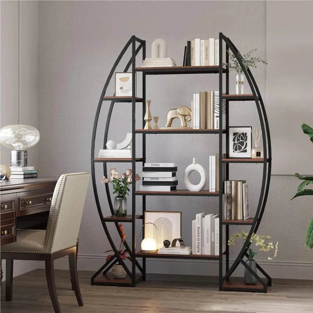 Oval Bookshelf 5 Tier Industrial Farmhouse Wood Metal Bookcase Storage