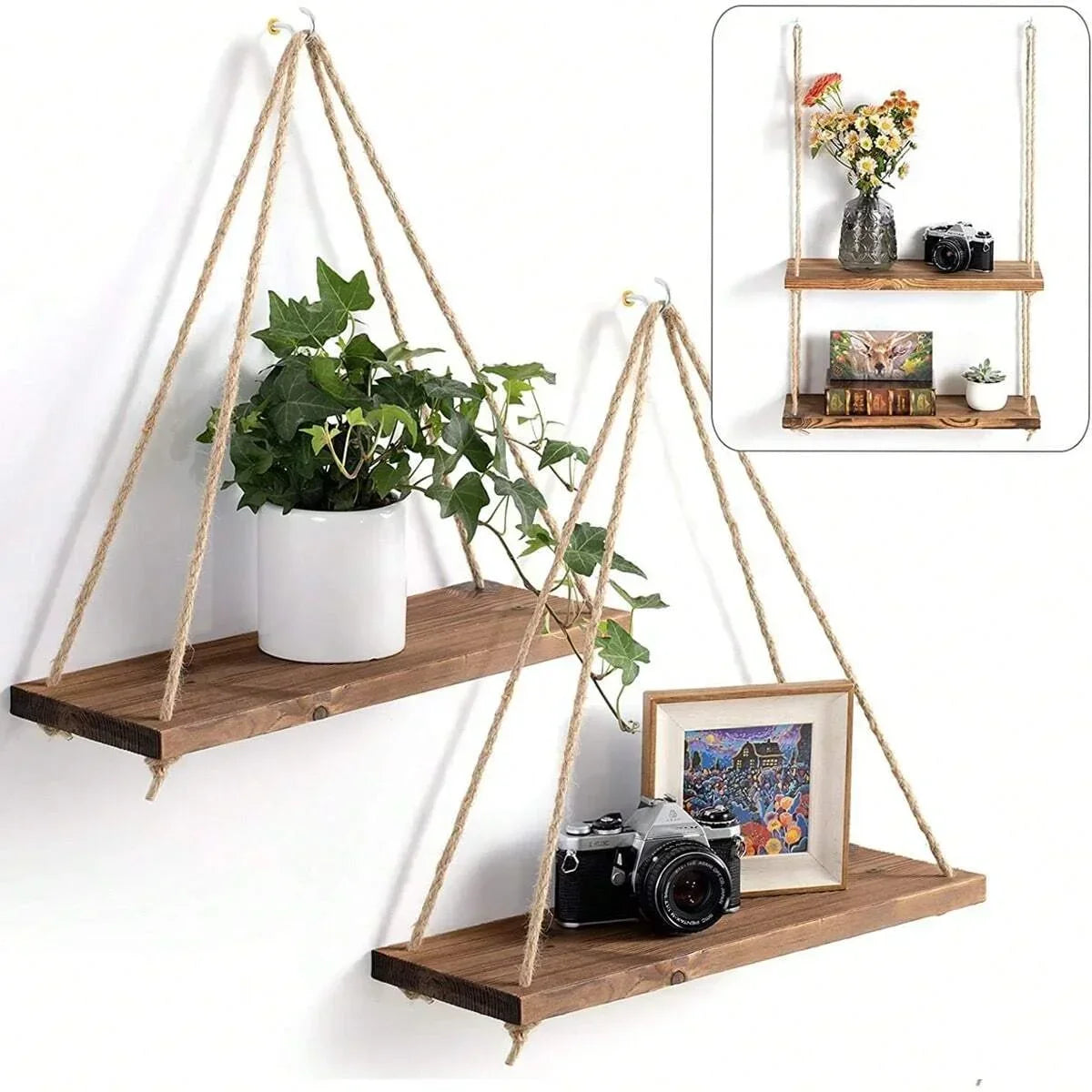 1PC Wooden Swing Hanging Hemp Rope Wall Shelve Mounted Floating Home L1PC Wooden Swing Hanging Hemp Rope Wall Shelve Mounted Floating Home Living Room Plant Flower Pot Tray Storage Garden