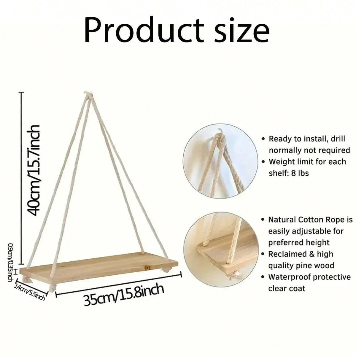 1PC Wooden Swing Hanging Hemp Rope Wall Shelve Mounted Floating Home L1PC Wooden Swing Hanging Hemp Rope Wall Shelve Mounted Floating Home Living Room Plant Flower Pot Tray Storage Garden