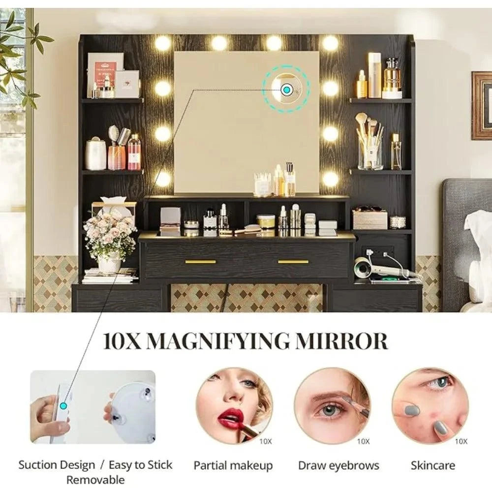 Makeup Vanity Table Set Glass Top Makeup Vanity Table With 10x Magnify10x Magnifying Mirror 3 Light Settings (Modern black) Furnitures Desk