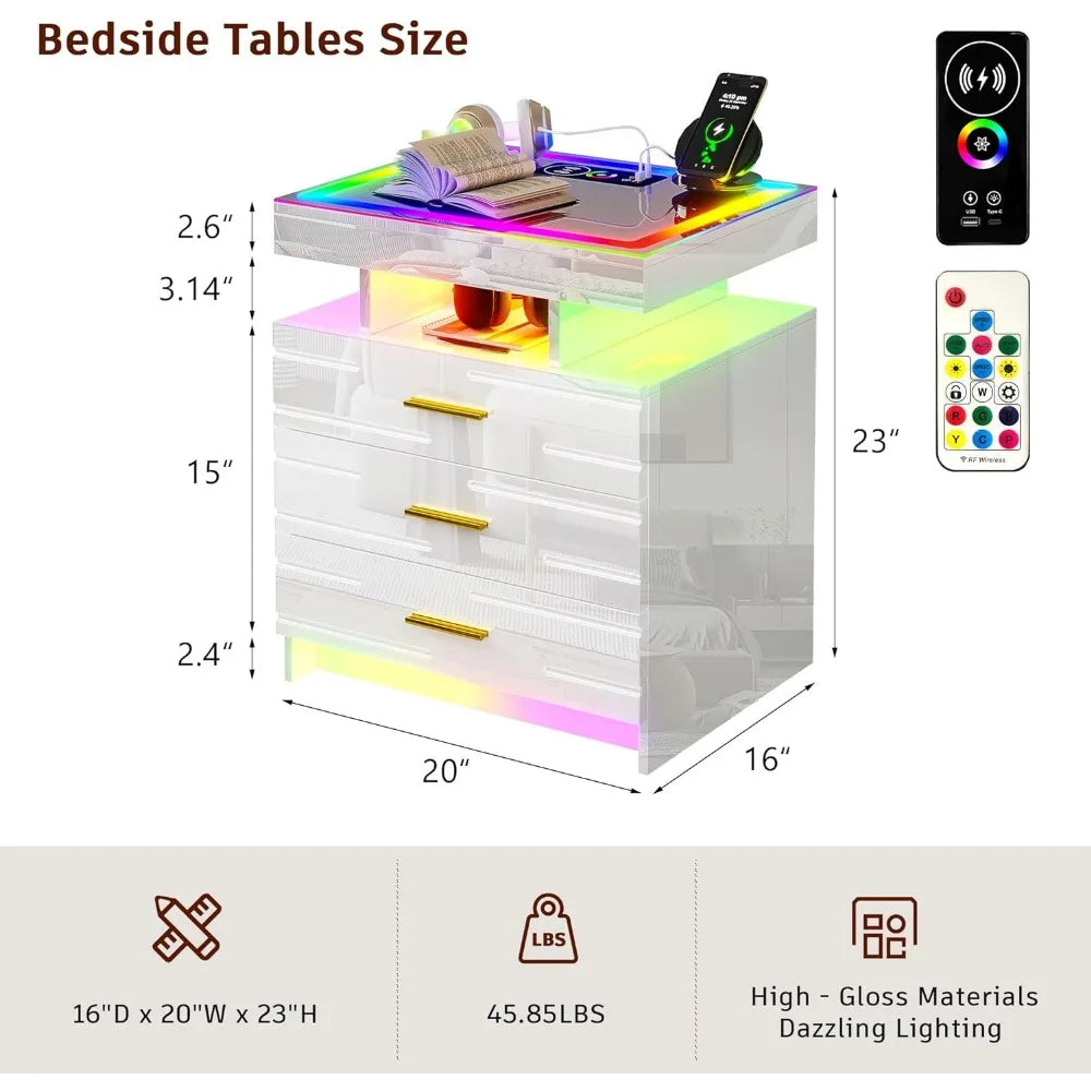 Glass Bedside Table with Touch Screen RGB LED & Charging Station Home.