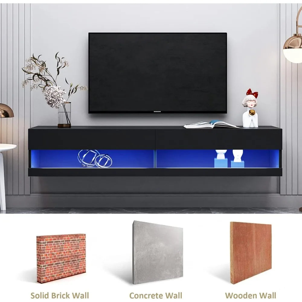 Wall TV Stand Mounted with LED Lights, Floating Entertainment Center, LED Lights, Floating Entertainment Center, Floating TVs Shelf