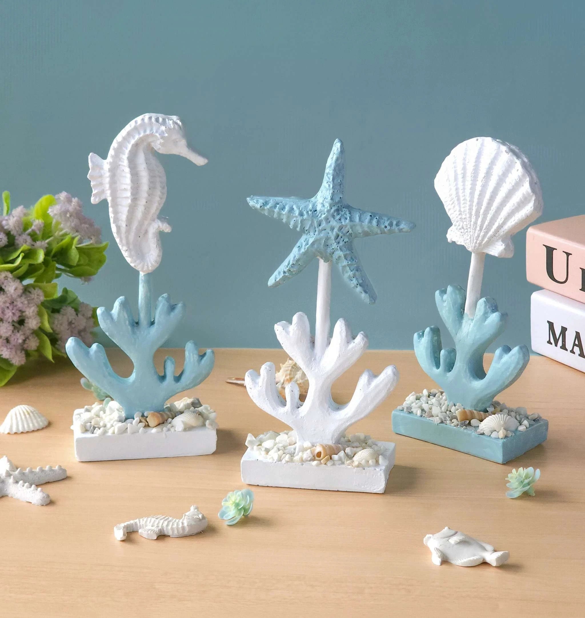 3pc Marine Resin Decor Seahorse Starfish Shell for Mediterranean Style