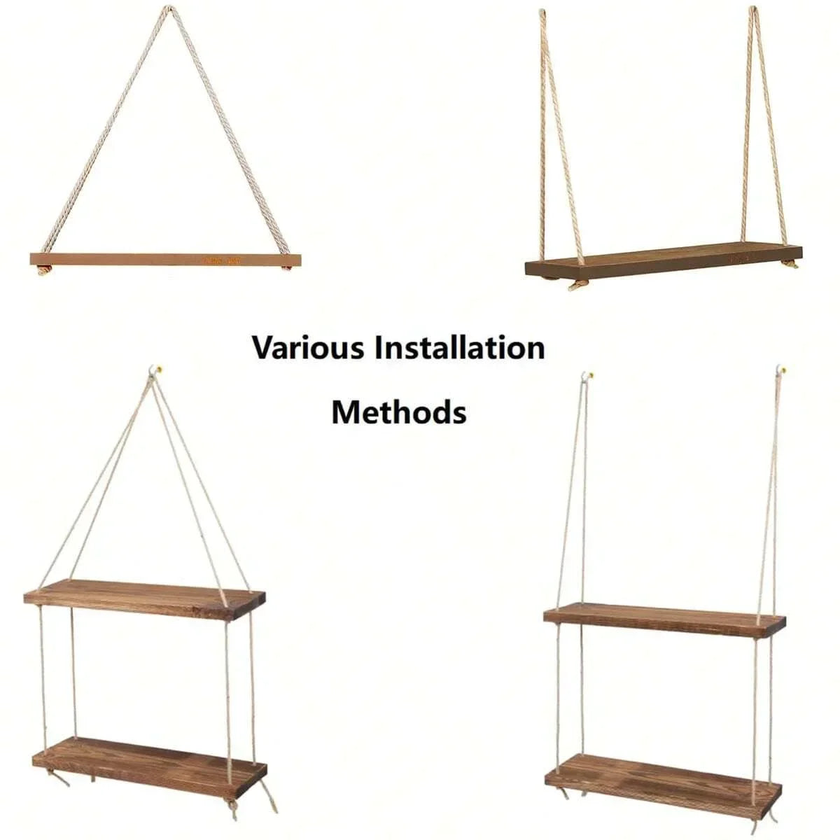 1PC Wooden Swing Hanging Hemp Rope Wall Shelve Mounted Floating Home L1PC Wooden Swing Hanging Hemp Rope Wall Shelve Mounted Floating Home Living Room Plant Flower Pot Tray Storage Garden