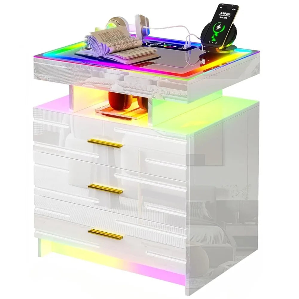 Glass Bedside Table with Touch Screen RGB LED & Charging Station Home.