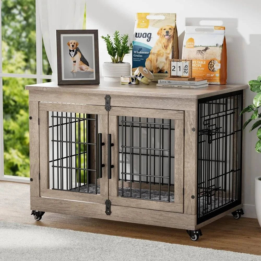 Dogs Crate Furniture with Cushion Heavy Duty Dog Cage End Table Wheels