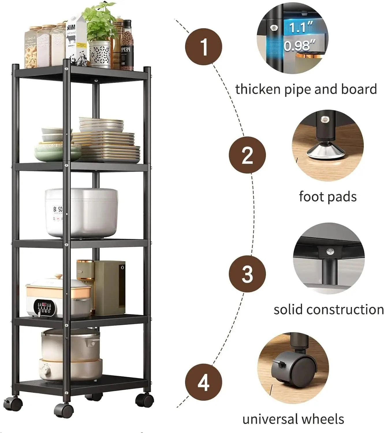 PXRACK 5-Tier Kitchen Storage Shelves, Adjustable Metal Shelves for StPXRACK 5-Tier Kitchen Storage Shelves, Adjustable Metal Shelves