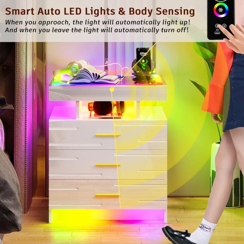 Glass Bedside Table with Touch Screen RGB LED & Charging Station Home.